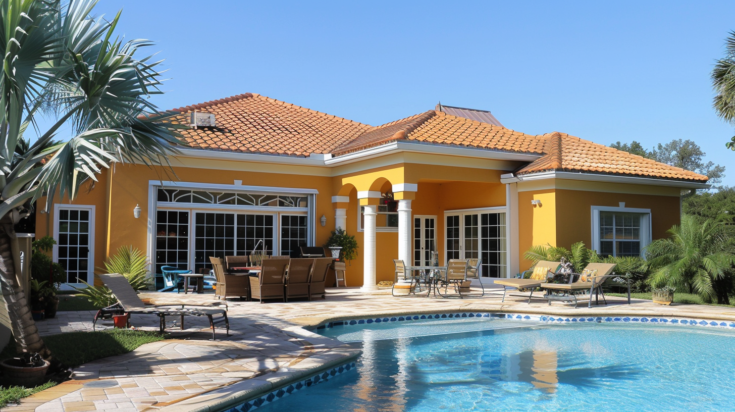 traditional south florida home, backyard, patio furniture all around